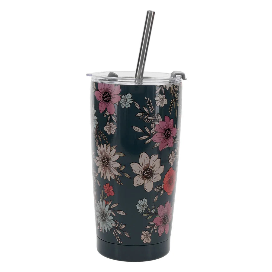 Travel Mug - Be Still and Know (Stainless Steel, Teal Floral, with Straw)