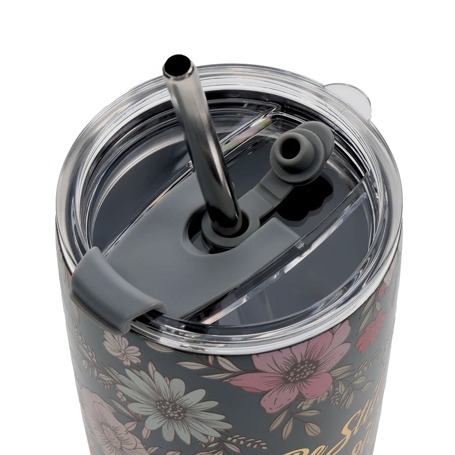 Travel Mug - Be Still and Know (Stainless Steel, Teal Floral, with Straw)
