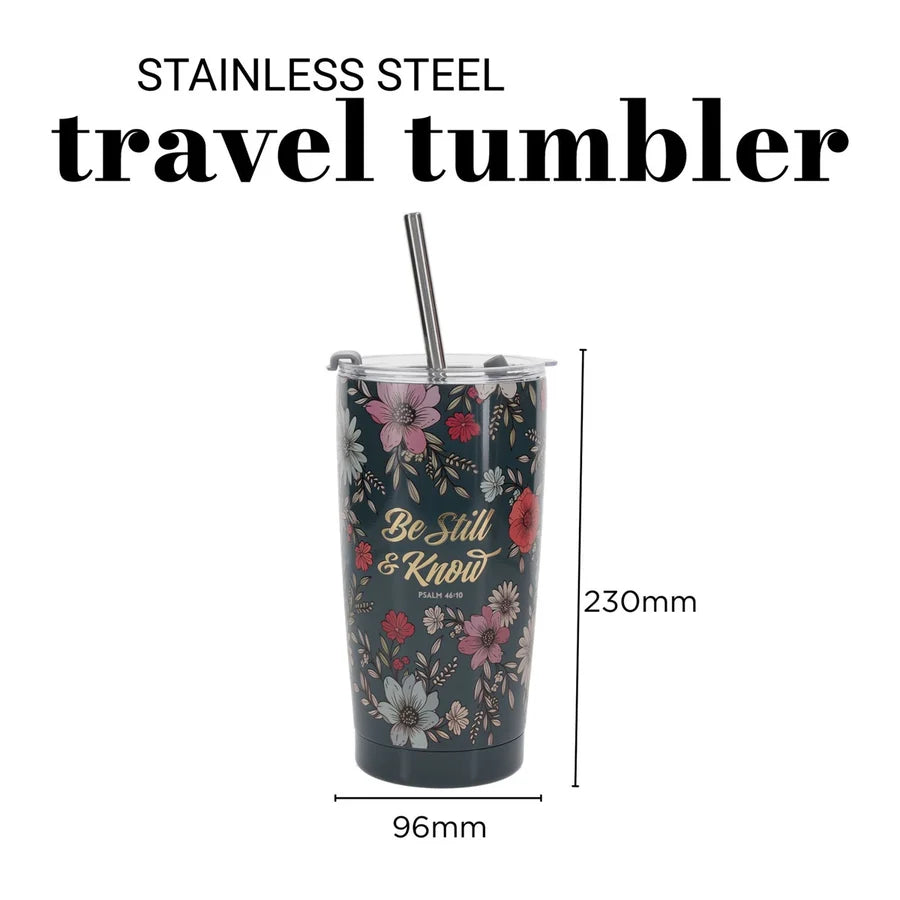 Travel Mug - Be Still and Know (Stainless Steel, Teal Floral, with Straw)