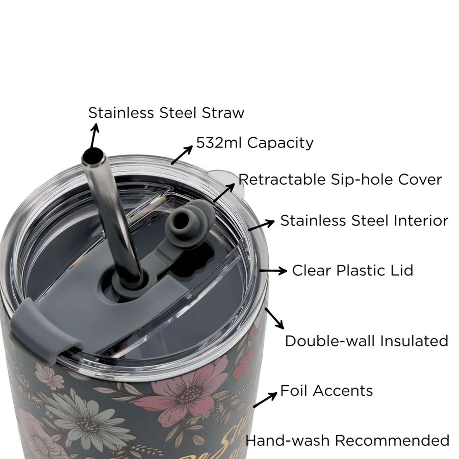 Travel Mug - Be Still and Know (Stainless Steel, Teal Floral, with Straw)
