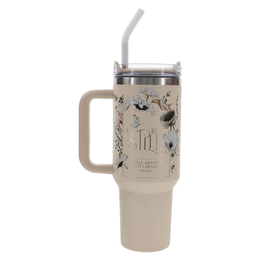 Travel Mug - Be Still and Know (Stainless Steel, Sage, Large, Handle & Straw)