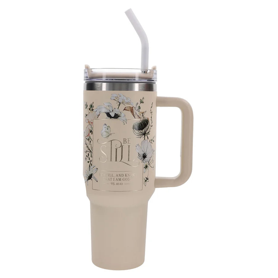 Travel Mug - Be Still and Know (Stainless Steel, Sage, Large, Handle & Straw)