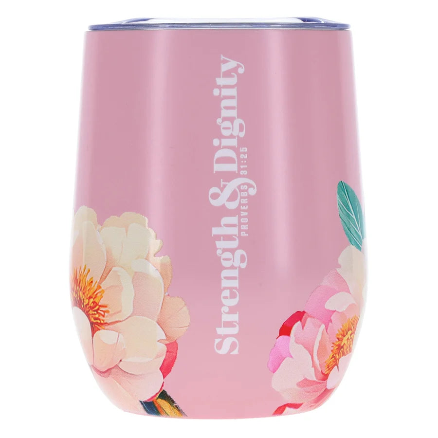 Travel Mug - Strength and Dignity (Stainless Steel, Pink Floral)