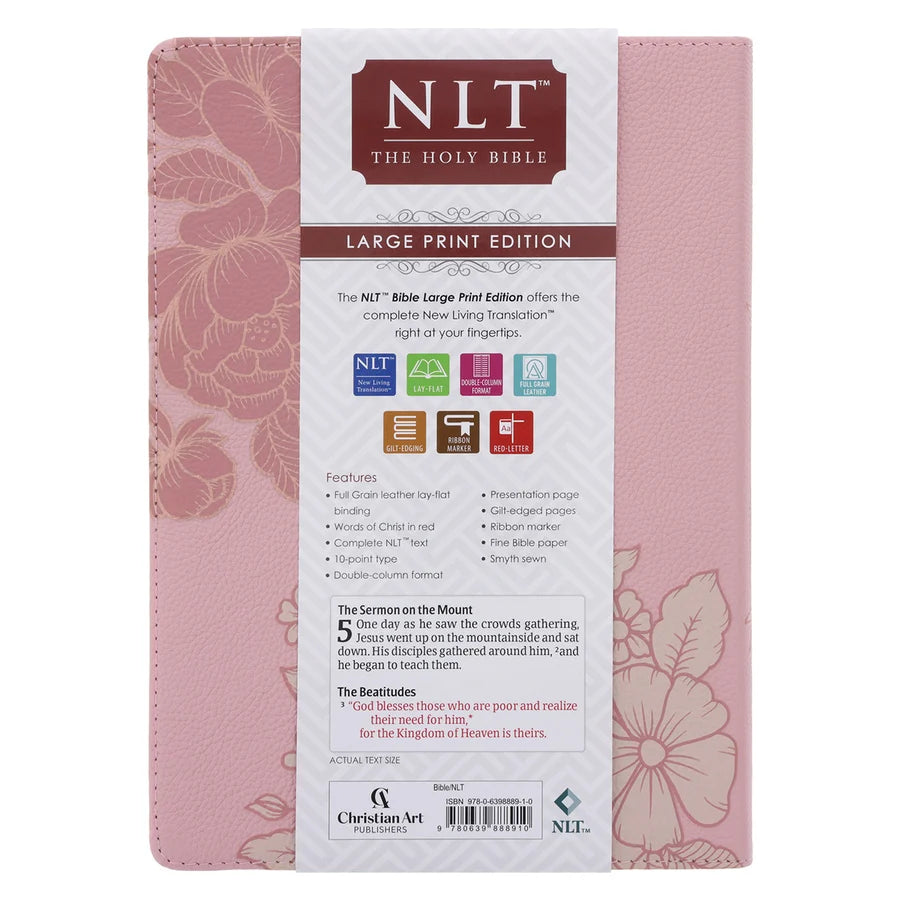NLT Pink Peonies Genuine Leather Bible Large Print