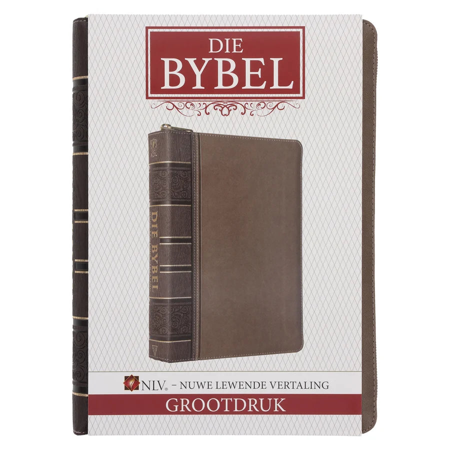 NLV Tweekleur Bruin Kunsleer Bybel Grootdruk Met Ritssluiter & Duimgrepe