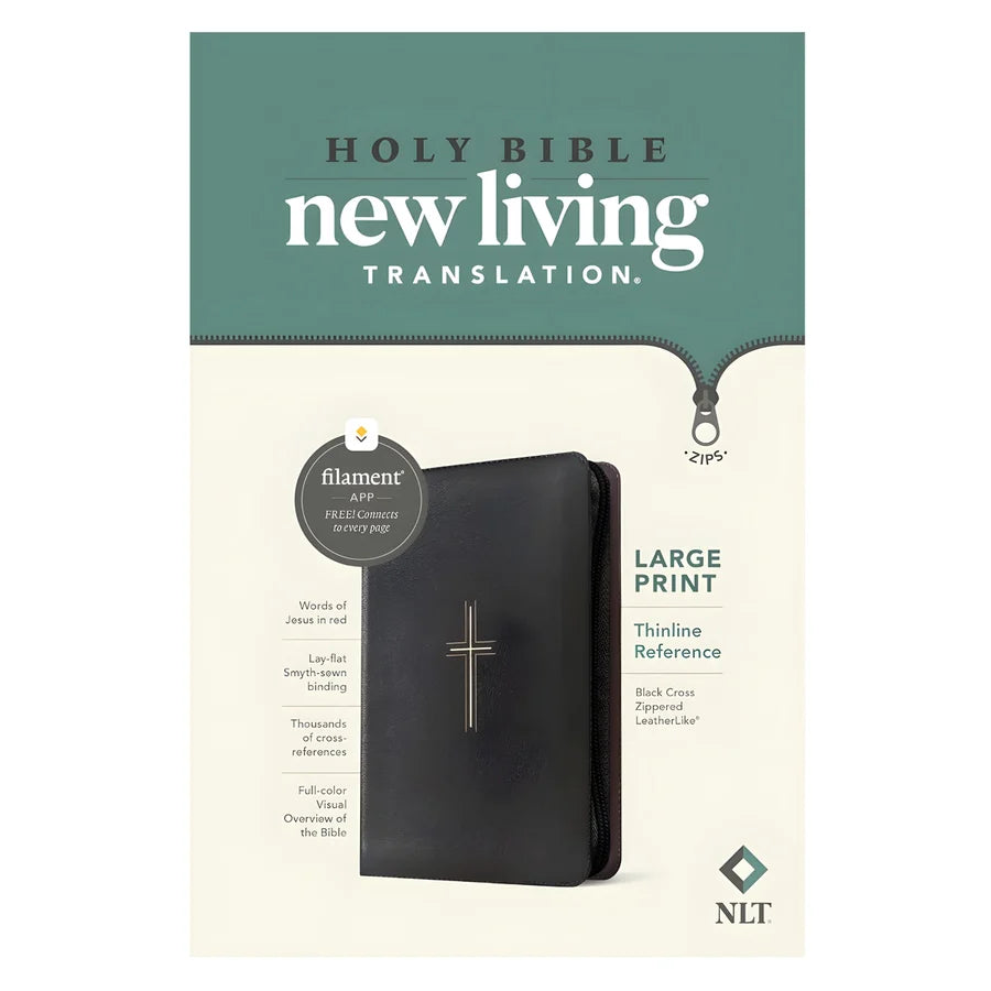NLT Black Cross Imitation Leather with Zip Filament Thinline Ref Bible Large Print Red Letter