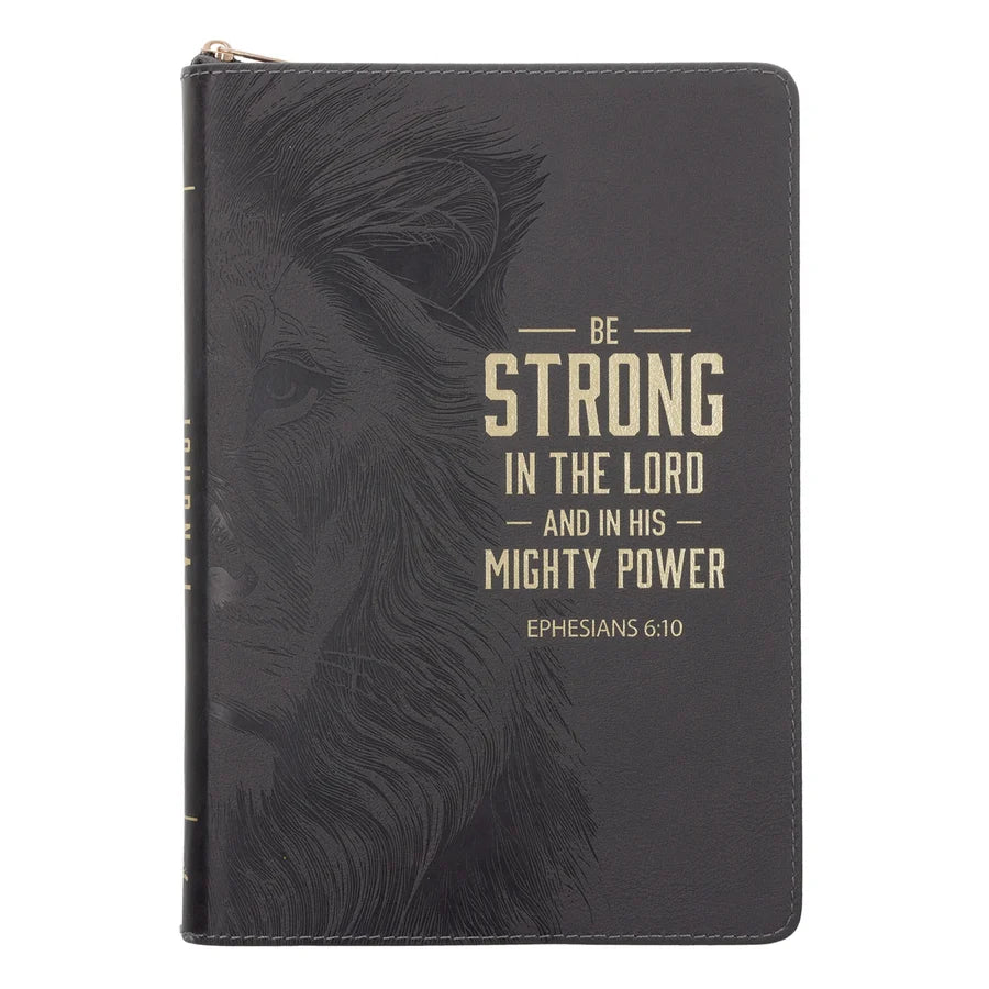 Be Strong in the Lord and in His Mighty Power Grey Lion Faux Leather Journal with Zipped Closure